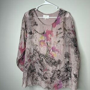 Bella France Silk Floral Print Sheer Women's Top Size Small